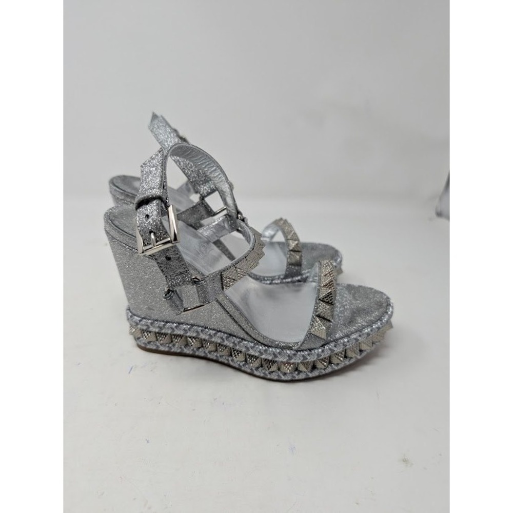 Christian Louboutin Pyraclou 110 Silver Stud Wedge Espadrille Sandals Sz EU 35